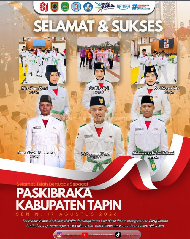 Enam Siswa Terbaik SMKN 1 Tapin Selatan Dipercaya Bertugas Sebagai Paskibraka Kabupaten Tapin 2026